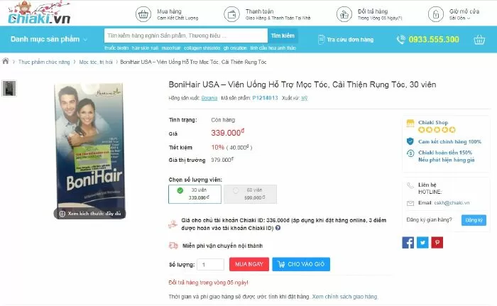 Website bán viên uống mọc tóc Bonihair: chiaki.vn