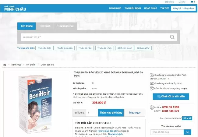 Website bán viên uống mọc tóc Bonihair: nhathuocminhchau.com