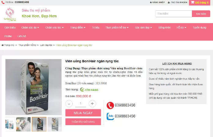 Website bán viên uống mọc tóc Bonihair: sieuthimypham.vn