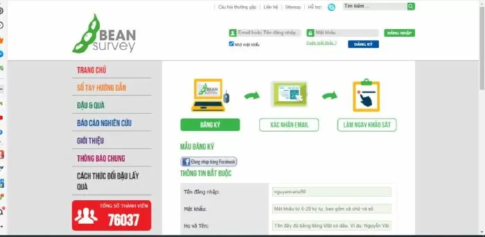 Trang web khảo sát Bean Survey