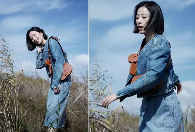 Nguyên set denim cho shoot hình bên đồng cỏ