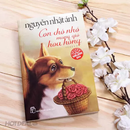 Con chó nhỏ mang giỏ hoa hồng