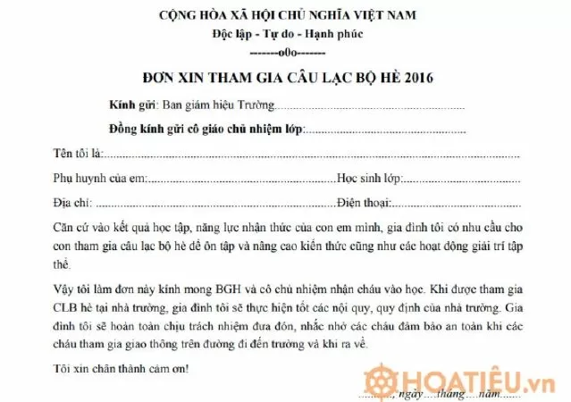 Đơn xin tham gia sinh hoạt hè - mẫu 2