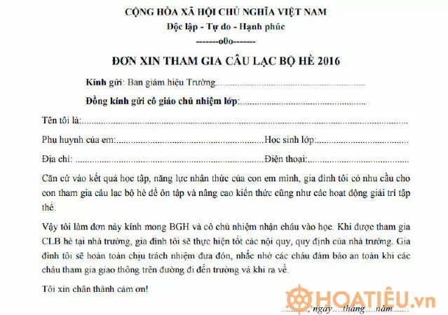 Đơn xin tham gia câu lạc bộ - mẫu 5