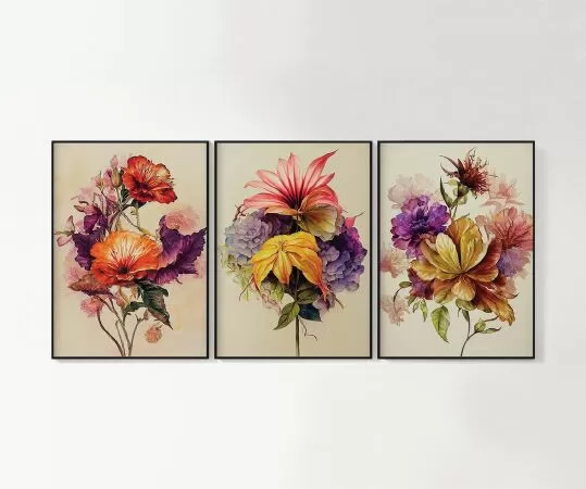 Floral Artwork | Set of 3 Printable Wall Art | Flowers Watercolor Art