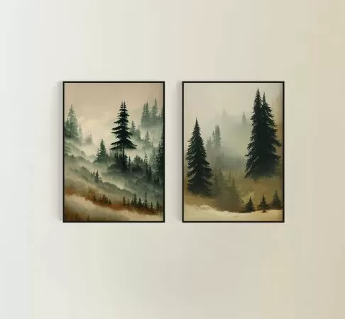 Vintage Foggy Forest, Printable Wall Art, Digital Oil Painting, Foggy Forest Print