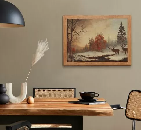Vintage Winter Forest Landscape, Deer Elk, Printable Wall Art