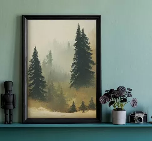 Vintage Foggy Forest, Printable Wall Art, Digital Oil Painting, Foggy Forest Print
