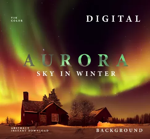 Classic Country House Under Aurora Sky In Winter, Vintage Farmhouse, Digital Background, Digital Backdrop