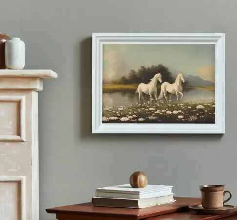 Vintage White Horse With Cosmos Flower, Printable Wall Art