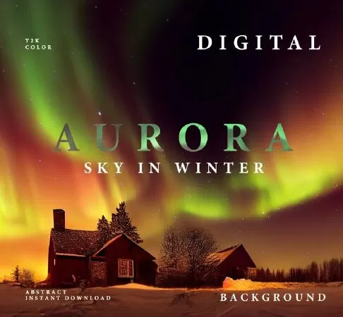 Classic Country House Under Aurora Sky In Winter, Vintage Farmhouse, Digital Background, Digital Backdrop