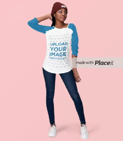 Mockup of a Young Woman Posing with a Raglan T-Shirt at a Studio