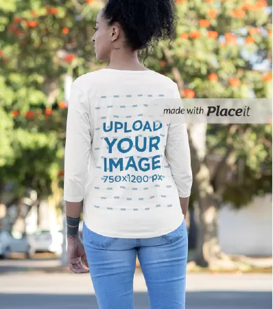 Mockup of a Woman Wearing a Three-Quarter Sleeve T-Shirt Outside
