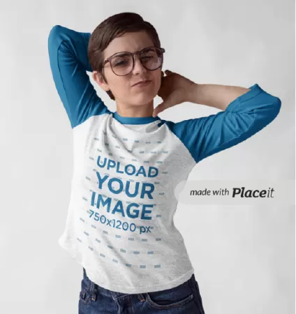 Nerd Woman Wearing a Heathered Raglan Tee Mockup while in the Studio