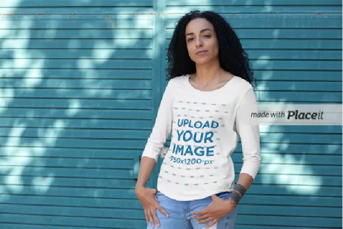 Three-Quarter Sleeve Tee Mockup Featuring a Woman with a Wrist Tattoo