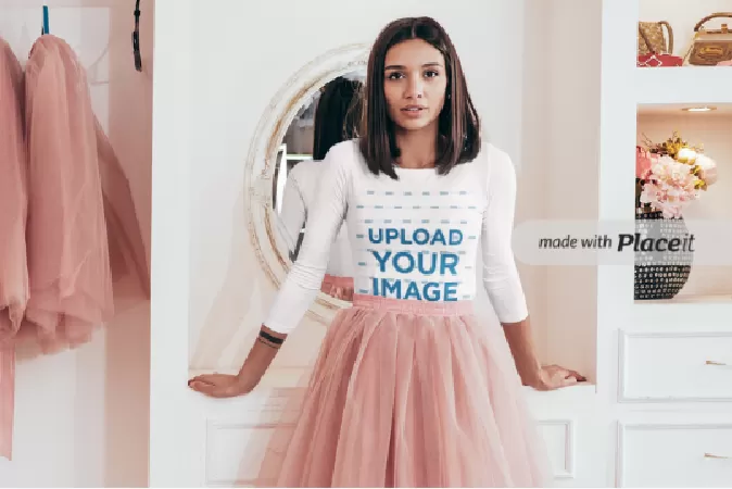 Three-Quarter Sleeve Tee Mockup Featuring a Woman with a Tulle Skirt