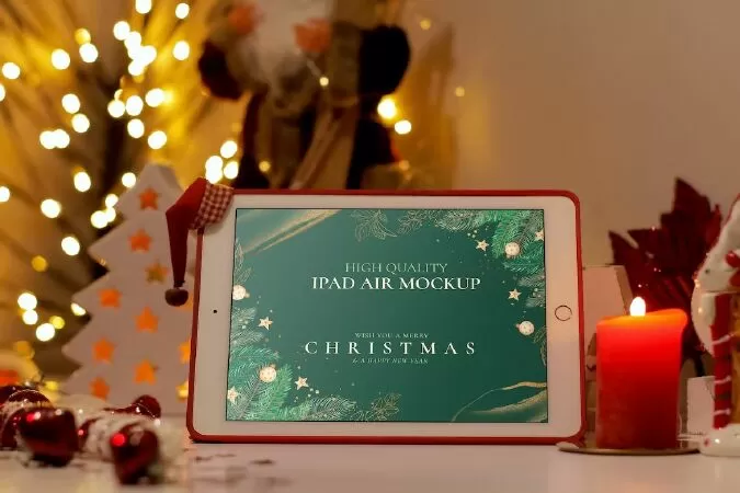 Mockup template: Tablet on Christmas background