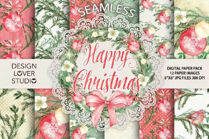 Watercolor Happy Christmas digital papers