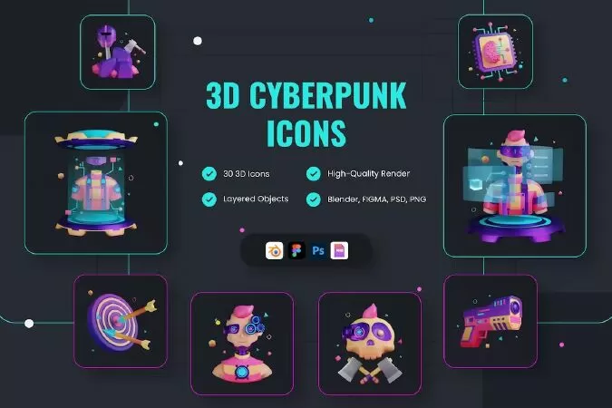 Cyberpunk Futuristic 3D Icon Set