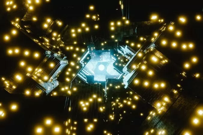 Metallic Cubes with Glowing Light in Sci Fi tunnel