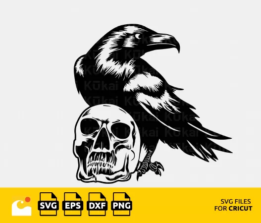 HAUNTED HALLOWEEN DESIGN: RAVEN ON SKULL SVG CUT FILE FOR CRICUT AND SILHOUETTE