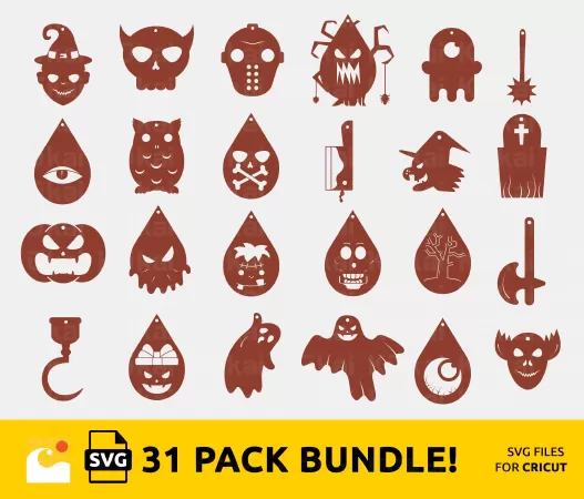 SPOOKY AND CUTE HALLOWEEN EARRING SVG FILES FOR CRICUT AND SILHOUETTE, WITCH HAT, GHOST, PUMPKIN AND BAT DESIGNS