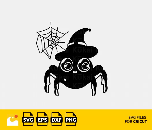 CUTE SPIDER SVG WITH WITCH HAT, WITCH SVG, SPIDER CLIPART, SPIDER WEB SVG