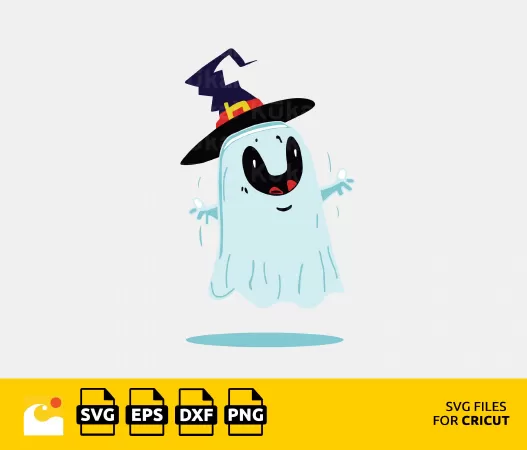 CUTE GHOST SVG - CARTOON CHARACTER WEARING WITCH HAT