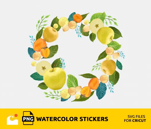 WATERCOLOR FRUIT WREATH CLIPART, TROPICAL FRUIT WREATH DECOR, FRUIT STICKERS, WATERCOLOR STICKERS